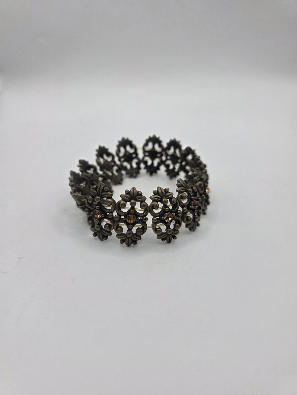 Vintage Antique Brass Filigree Stretch Bracelet Amber Rhinestone Floral Links
